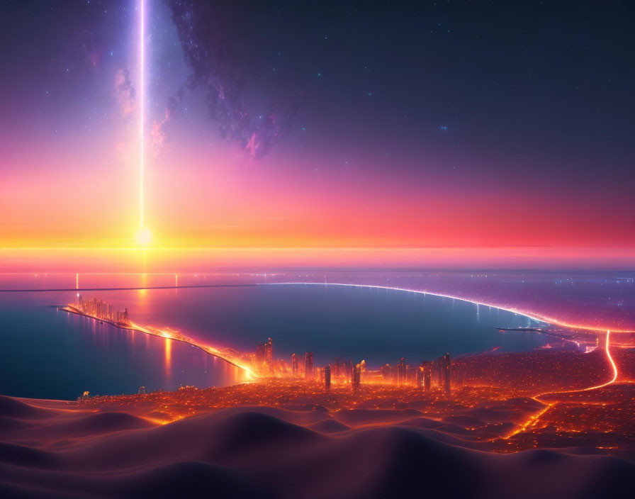 Futuristic cityscape with coastal line, twilight illumination, and sand dunes.