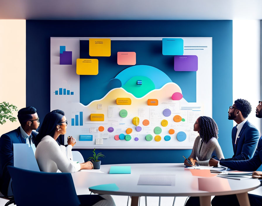 Modern office professionals analyzing colorful brainstorming board with charts and sticky notes.