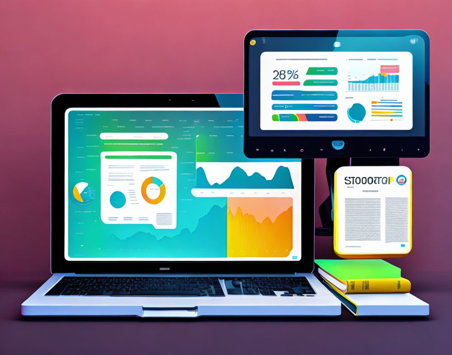 Electronic devices showing data analytics charts and graphs with laptop, tablet, and smartphone.