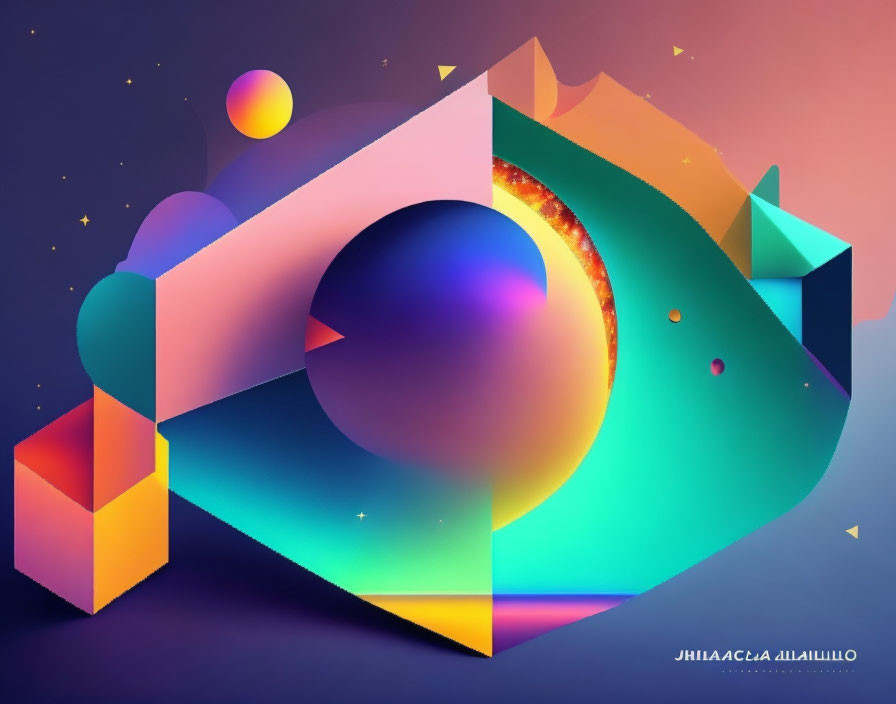 Colorful abstract geometric shapes with circular gradient and cosmic theme.