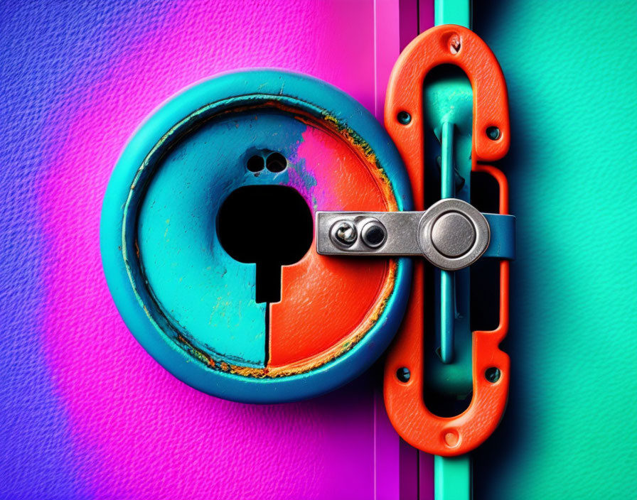 Colorful door with blue padlock and orange carabiner on vibrant background