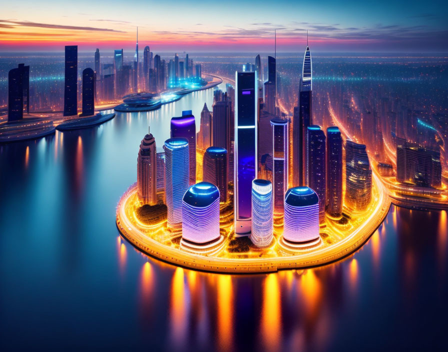 Modern city skyline at dusk with illuminated skyscrapers and waterfront futuristic architecture.