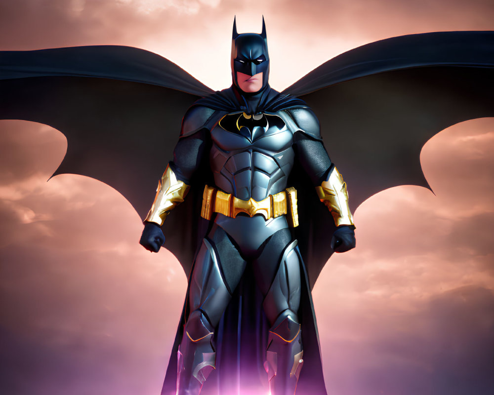 Superhero portrait: Batman in black and gold suit against dusky sky