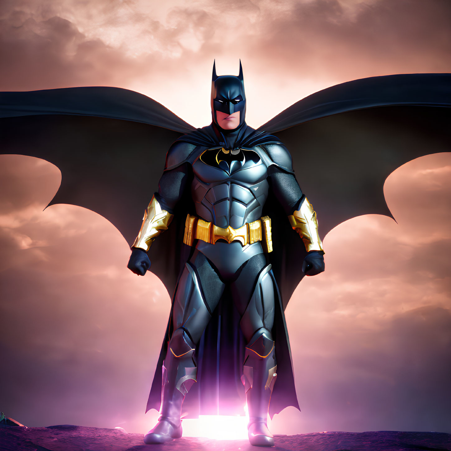 Superhero portrait: Batman in black and gold suit against dusky sky