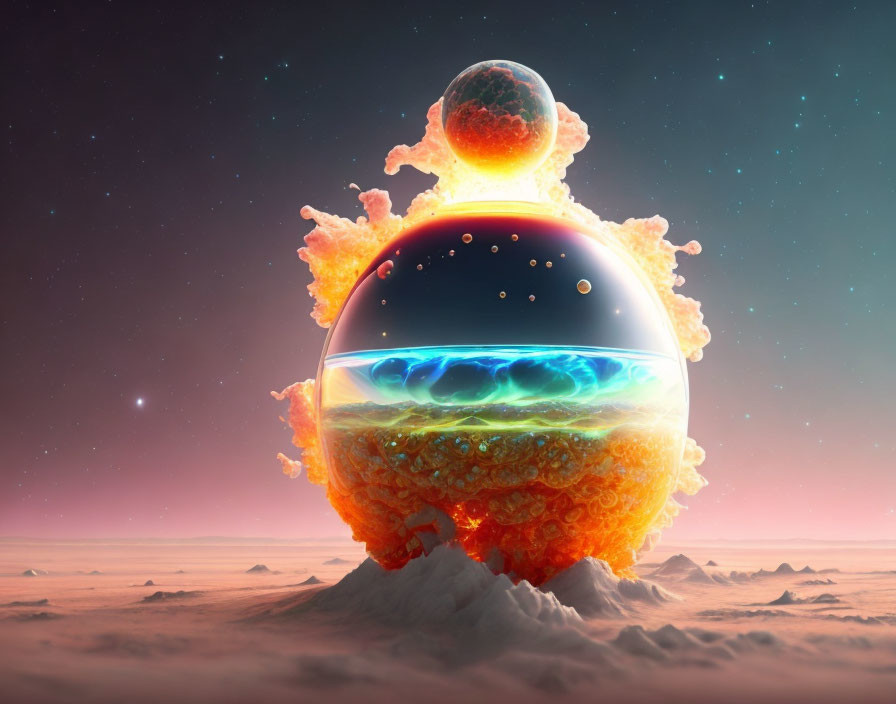 Surreal layered spherical object with fiery, aquatic, and celestial elements against dusky sky