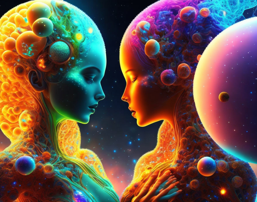 Vibrant humanoid figures with cosmic textures in space-themed setting