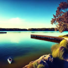 Tranquil lakeside scene with wooden pier, purple tree, stones, and boat.