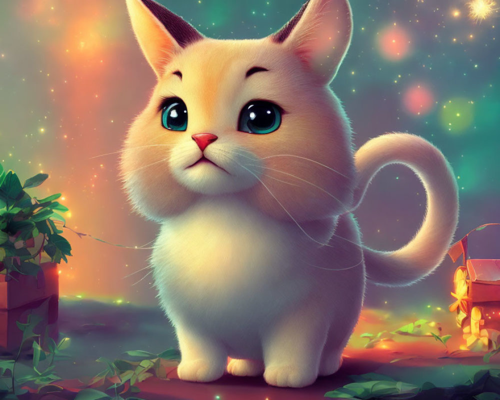 Cartoon Kitten with Big Blue Eyes in Whimsical Setting