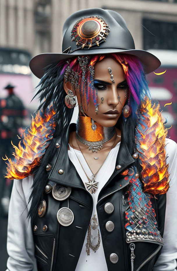 Individual with fiery hair, adorned hat, heavy makeup, multiple earrings, neck ring, and studded