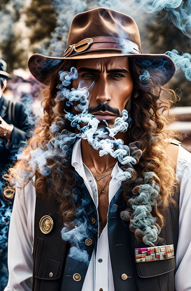 Man with long hair in hat exhales intricate smoke swirls, wearing military-style vest.