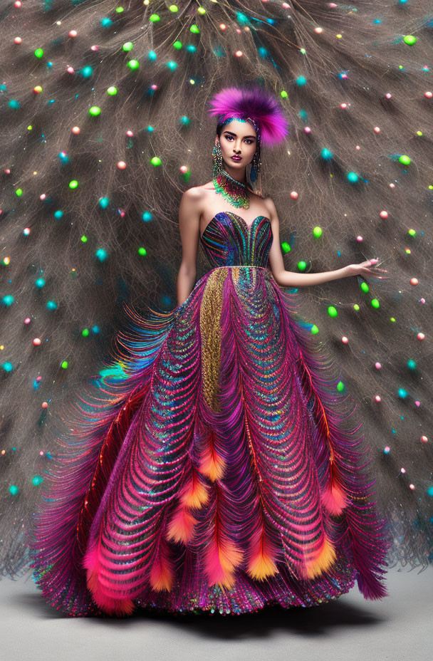 Striking purple hair model in peacock-inspired gown with multicolored lights