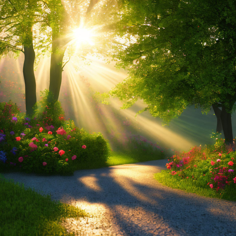 Sunbeams through green trees on park path with vibrant flowers at sunrise