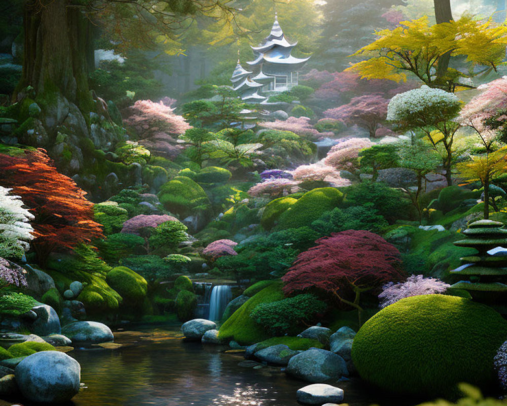 Tranquil Japanese garden with pagoda, vibrant flora, moss-covered rocks, and flowing stream