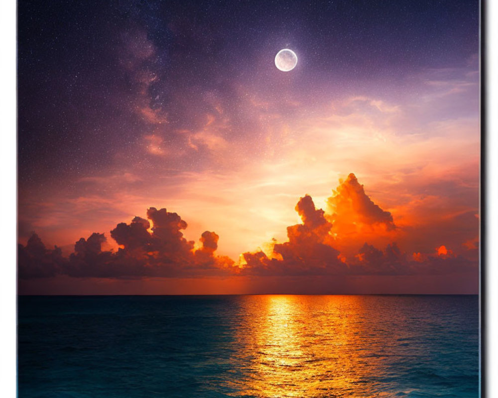 Tranquil seascape at dusk with vibrant sunset, cumulus clouds, starry sky, and