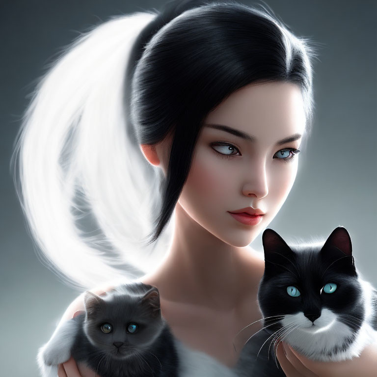 Digital art portrait of woman with pale skin, dark hair, halo effect, flanked by two cats