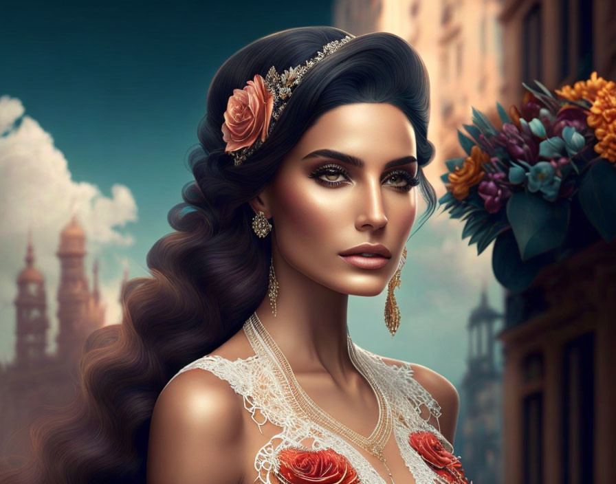 Portrait of woman with wavy hair, tiara, earrings, lace dress, roses, cityscape