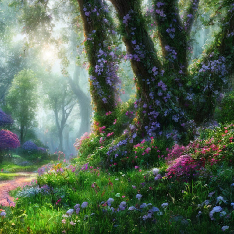 Enchanting forest scene with sunlight, purple flowers, vibrant bushes