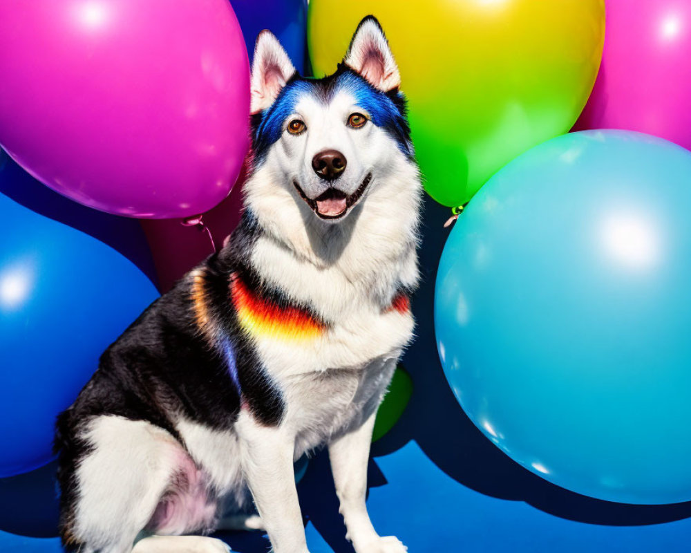 Smiling Siberian Husky with rainbow collar among colorful balloons