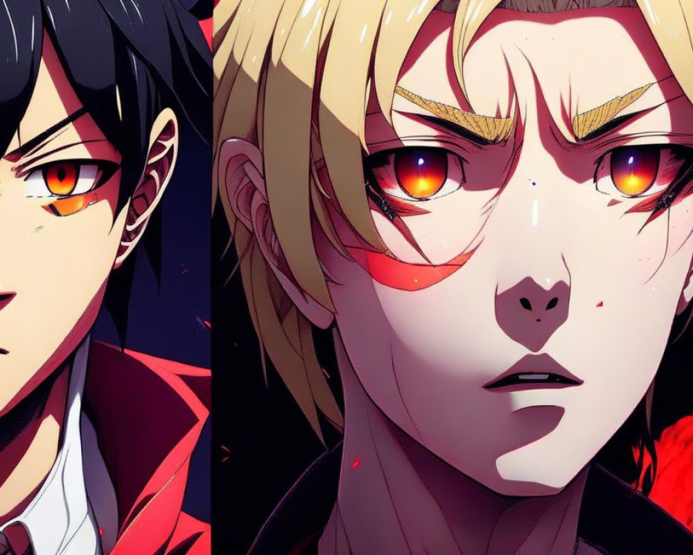 Anime characters with intense gazes: dark hair, red eyes & blonde hair, golden eyes