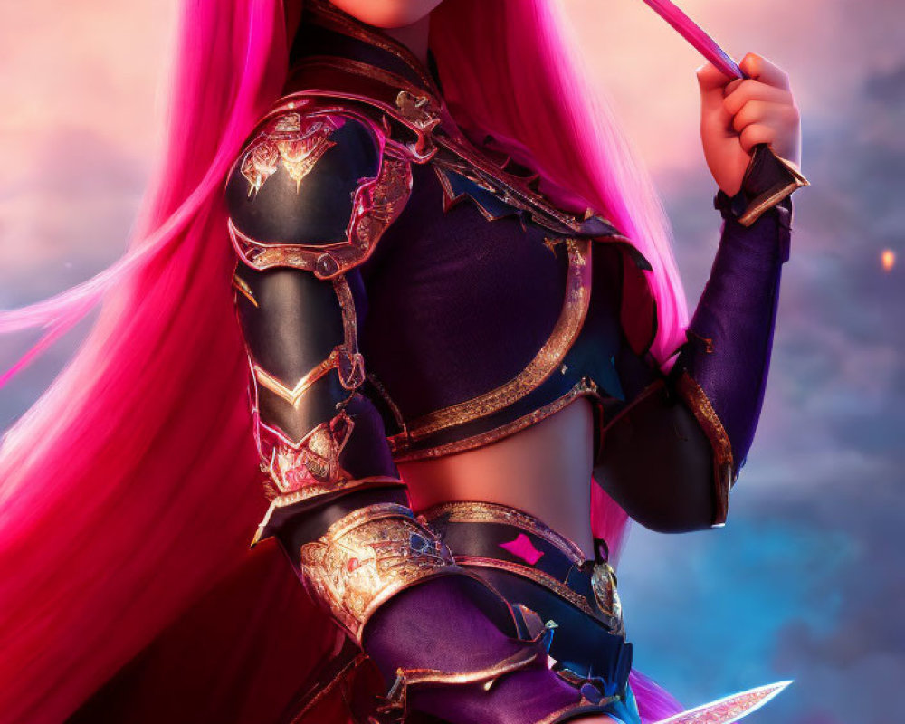 Pink-haired warrior in purple armor wields glowing sword under sunset sky