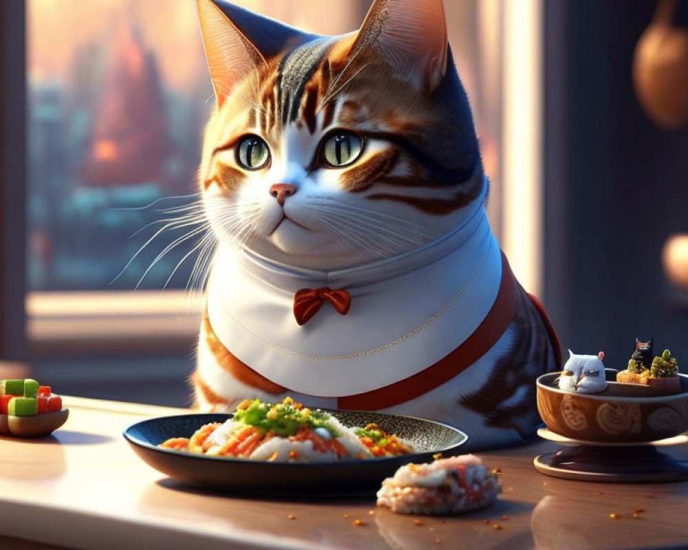 Stylized cat with collar and bow admiring sushi plates in soft sunlight