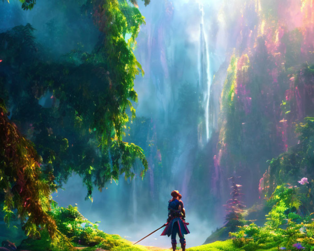 Solitary figure in lush forest gazes at distant waterfall