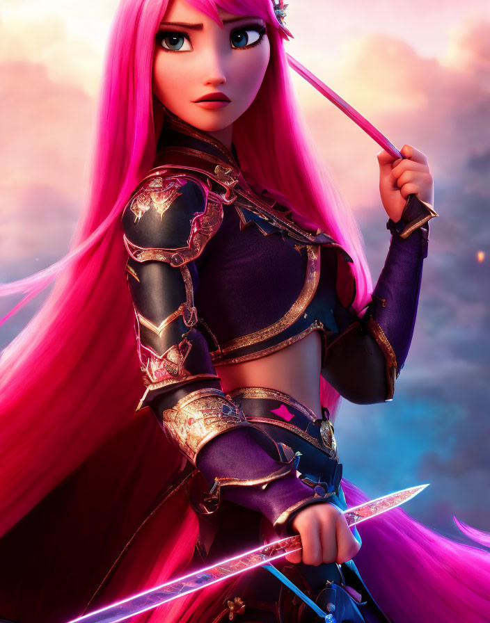 Pink-haired warrior in purple armor wields glowing sword under sunset sky