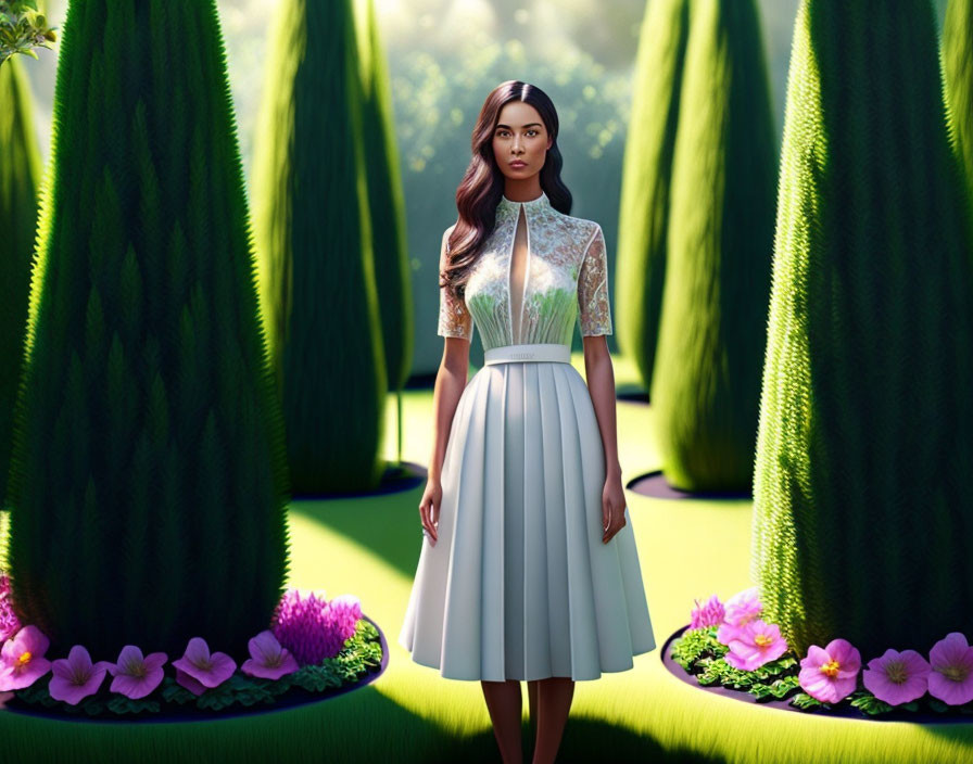 Woman in Stylish White Dress in Serene Garden with Pink Flowers