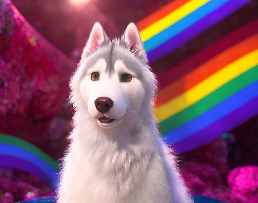 White Siberian Husky with Rainbow and Pink Flowers in CGI Art