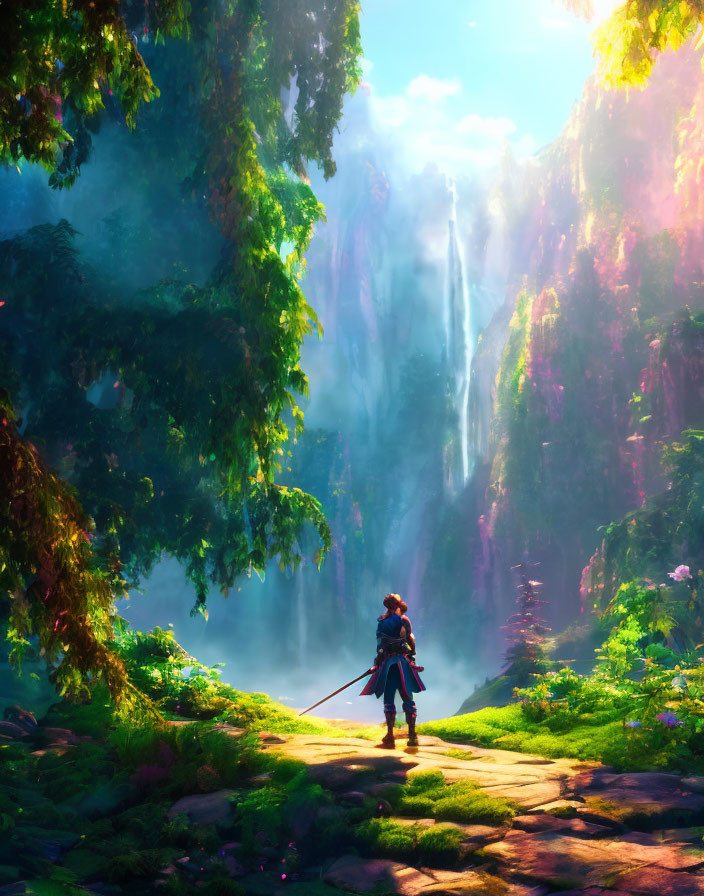 Solitary figure in lush forest gazes at distant waterfall