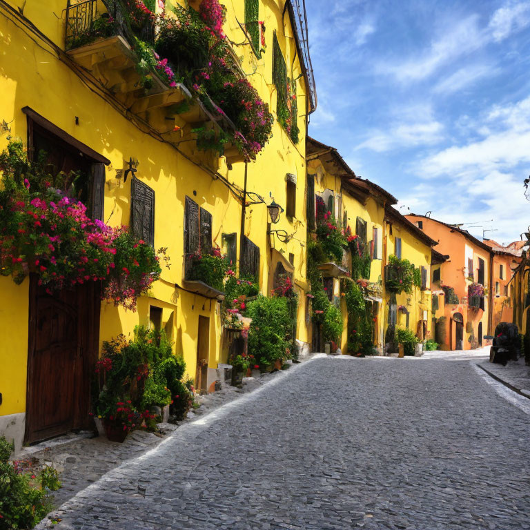 Colorful Houses on Cobblestone Street with Flowering Balconies