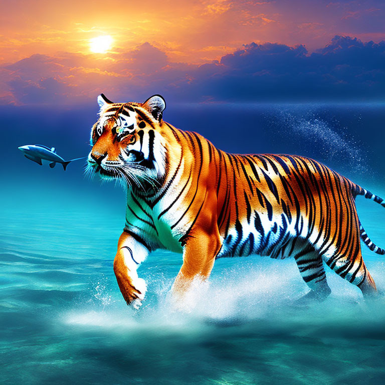 Tiger in water at sunset with silhouetted fish - Dreamlike scene