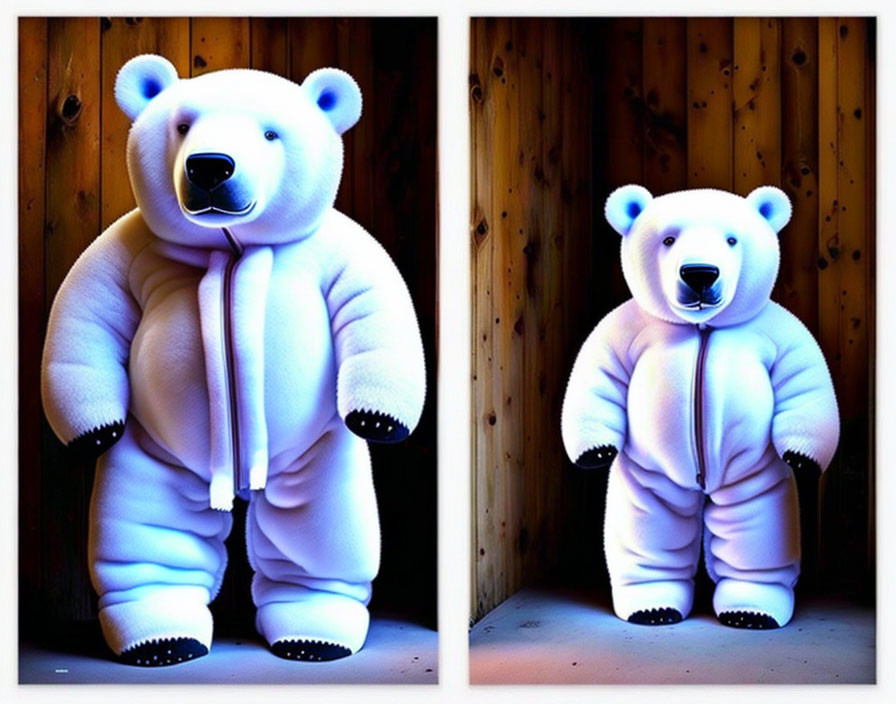 Large illuminated teddy bear sculptures against wooden backdrop