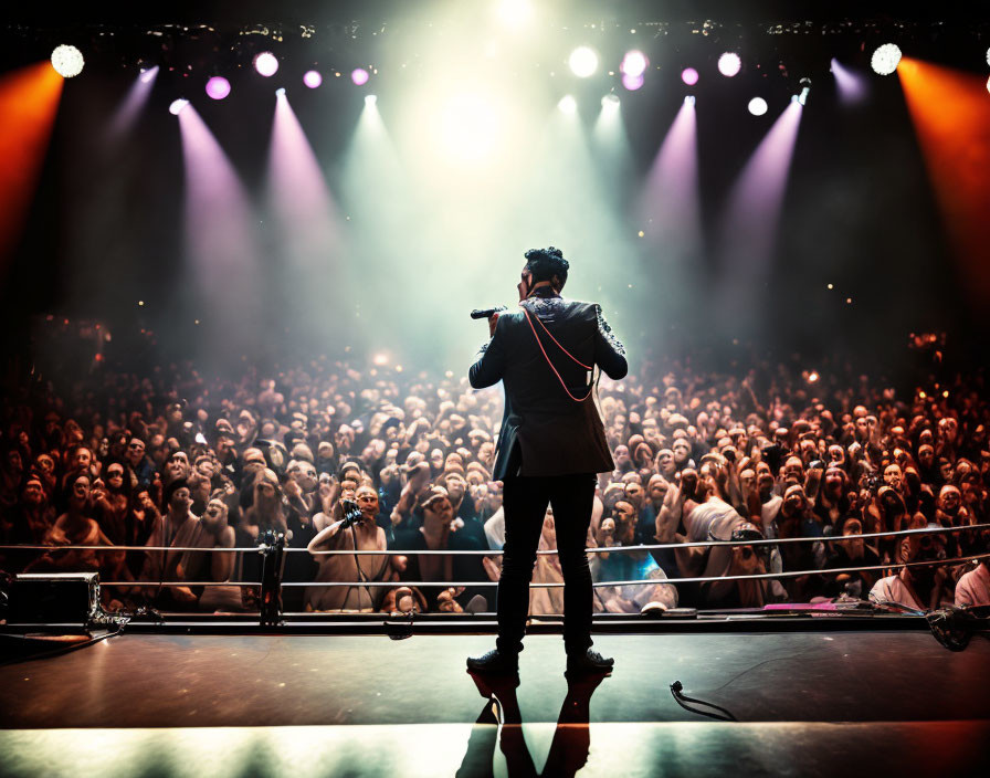 Stage performer under bright lights with audience in soft focus