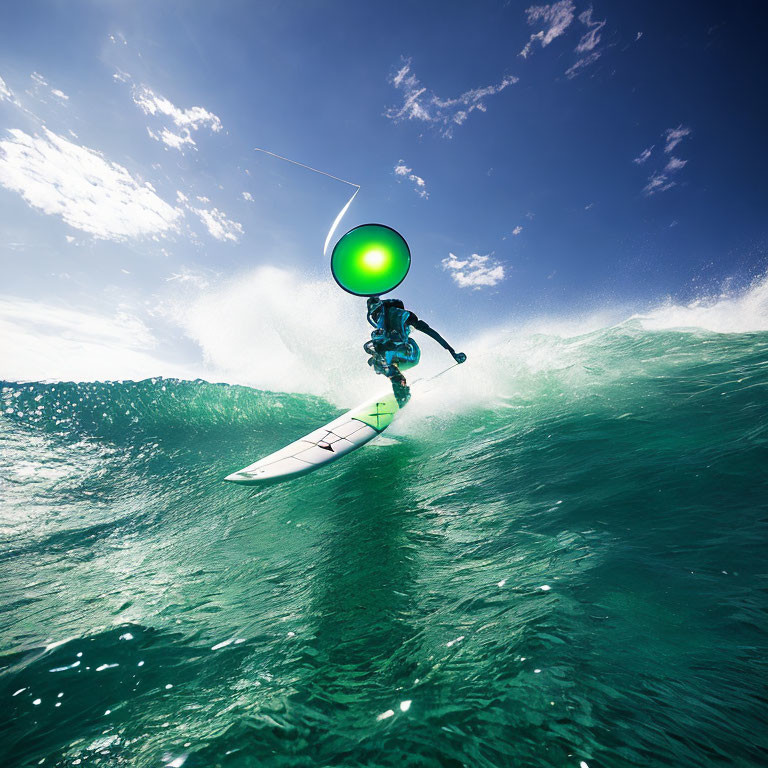 Kitesurfer catching air above large turquoise wave