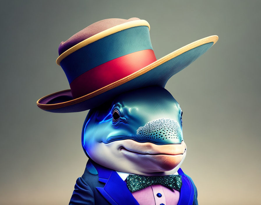 CGI dolphin in suit with stacked hats - whimsical image