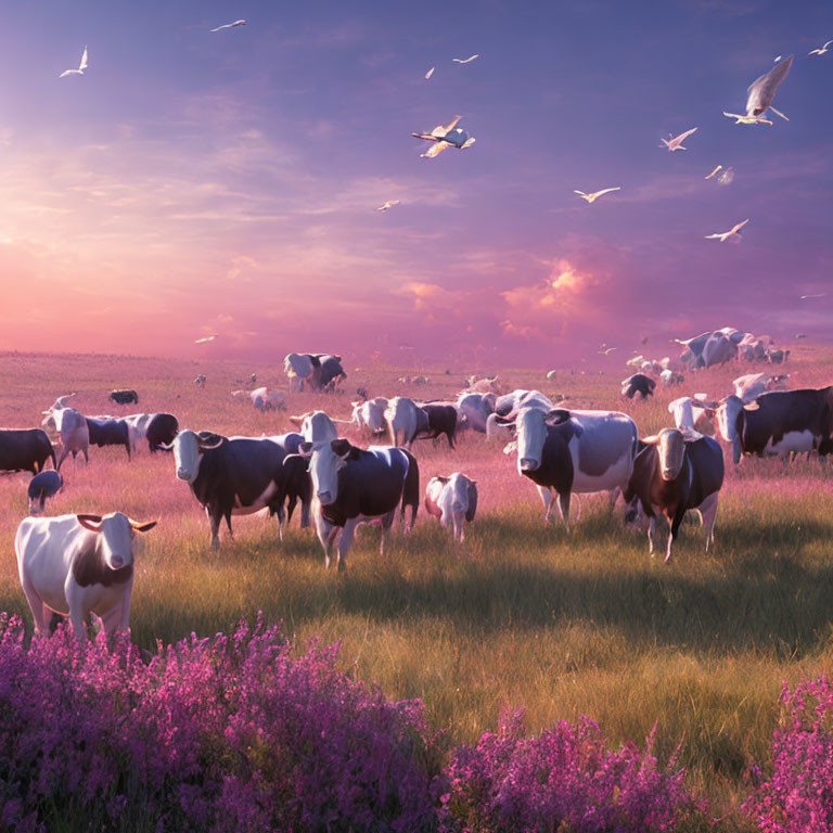 Cows and Calves Grazing in Twilight Pasture Among Purple Flowers