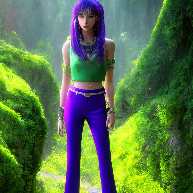 Vibrant purple-haired woman in green forest setting