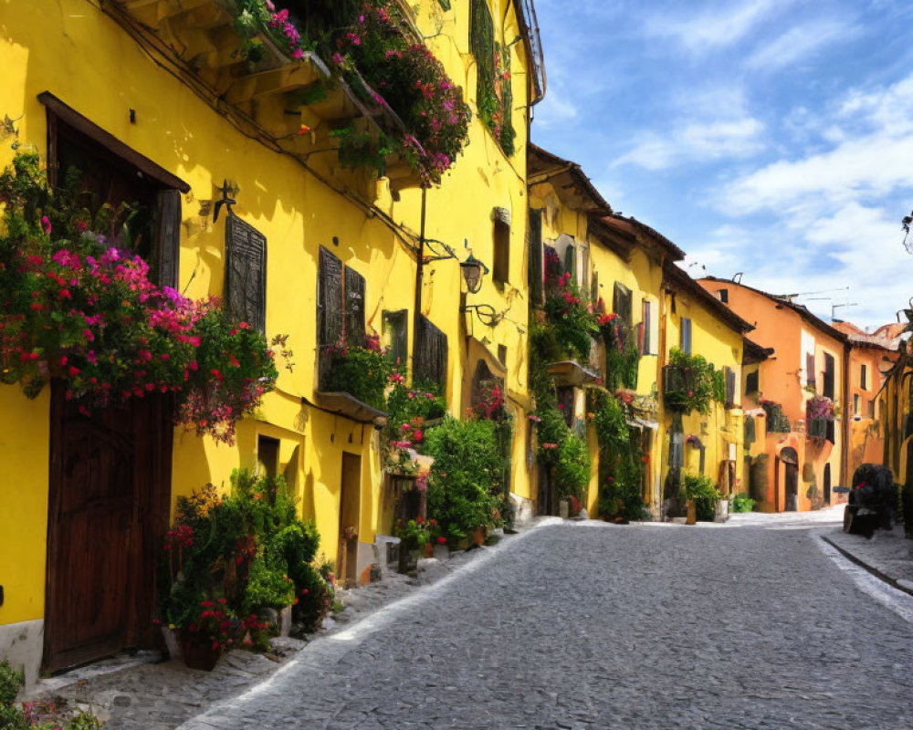 Colorful Houses on Cobblestone Street with Flowering Balconies