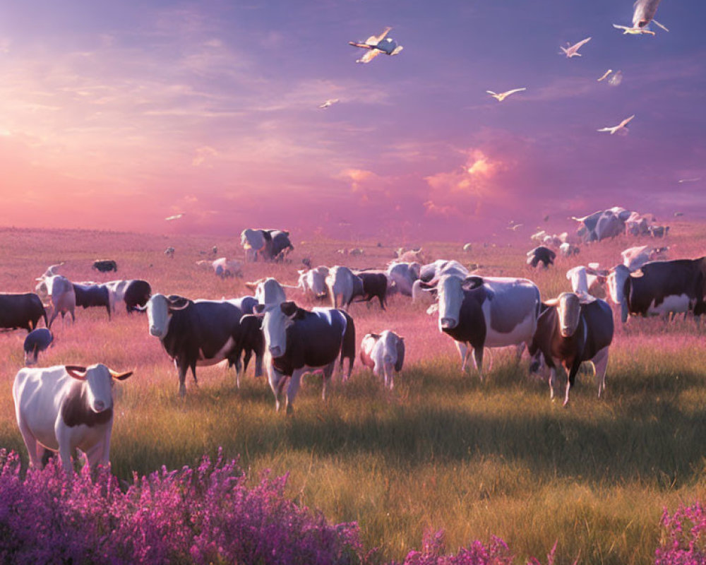 Cows and Calves Grazing in Twilight Pasture Among Purple Flowers