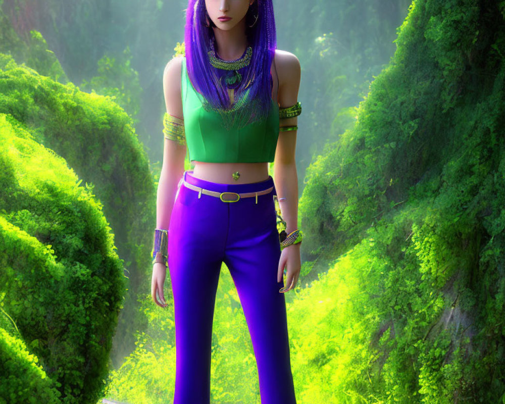 Vibrant purple-haired woman in green forest setting