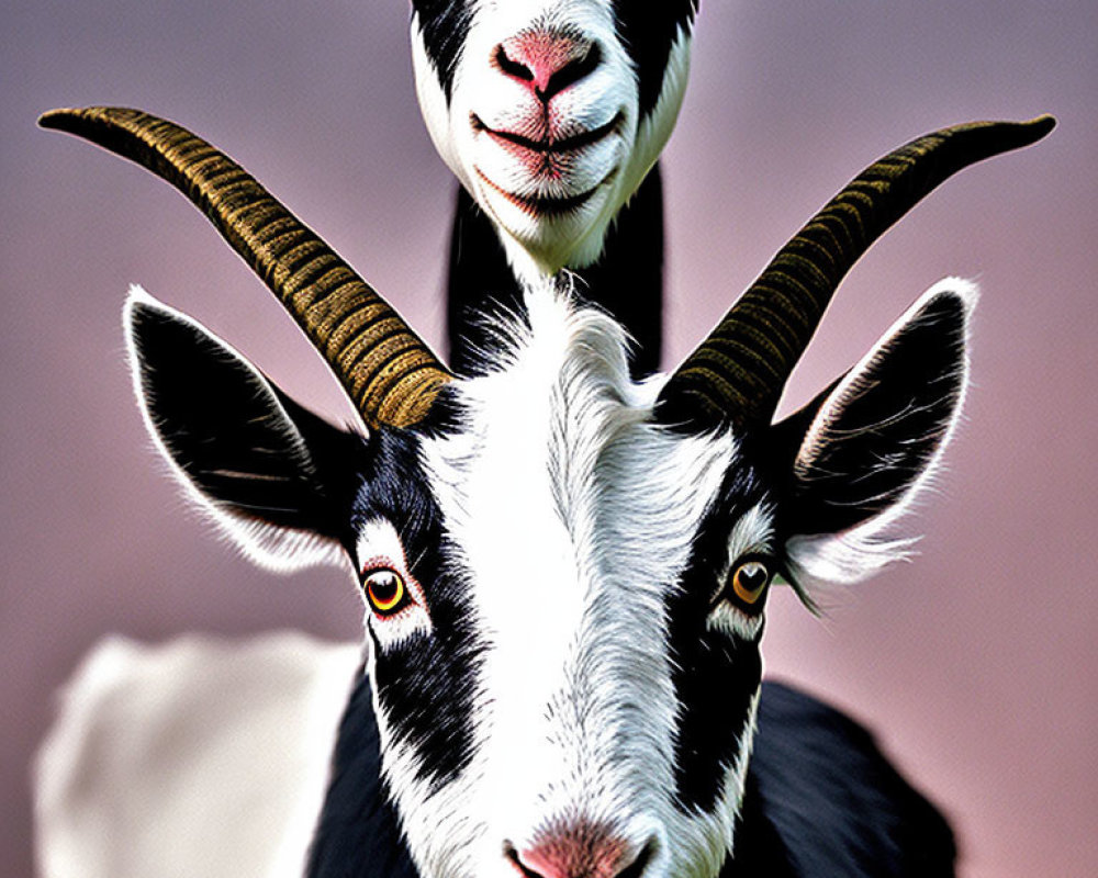 Black and white goats with prominent horns facing the camera in sharp focus