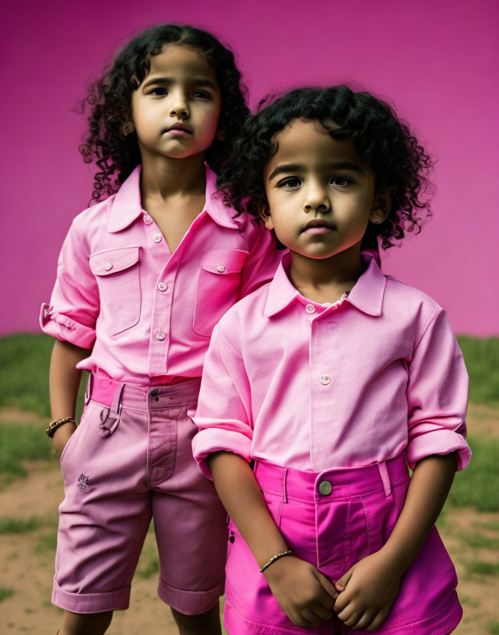 Young children in pink outfits against pink backdrop with serious expressions