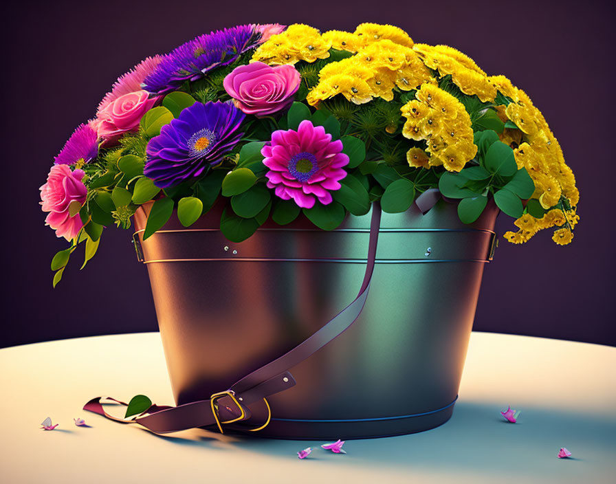 Vibrant flower bouquet in metal bucket on purple background