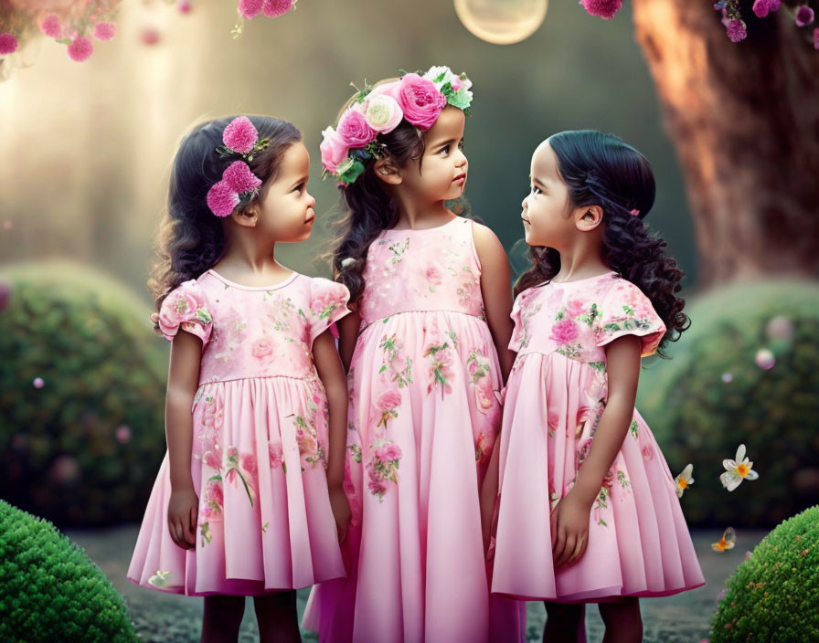 Three young girls in pink floral dresses and flower crowns in lush garden setting