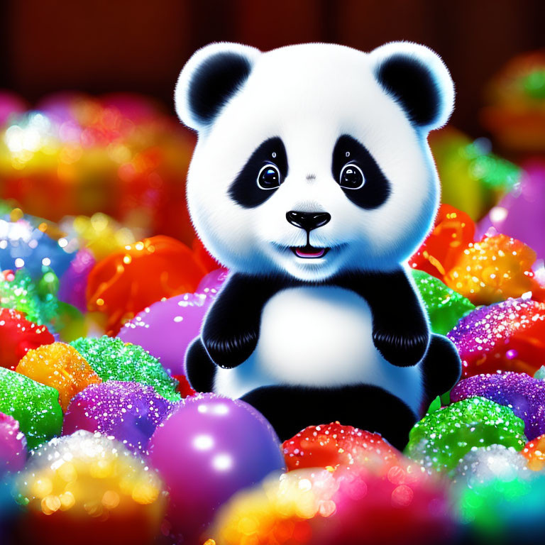 Colorful Panda Illustration with Glittery Orbs and Bokeh Background