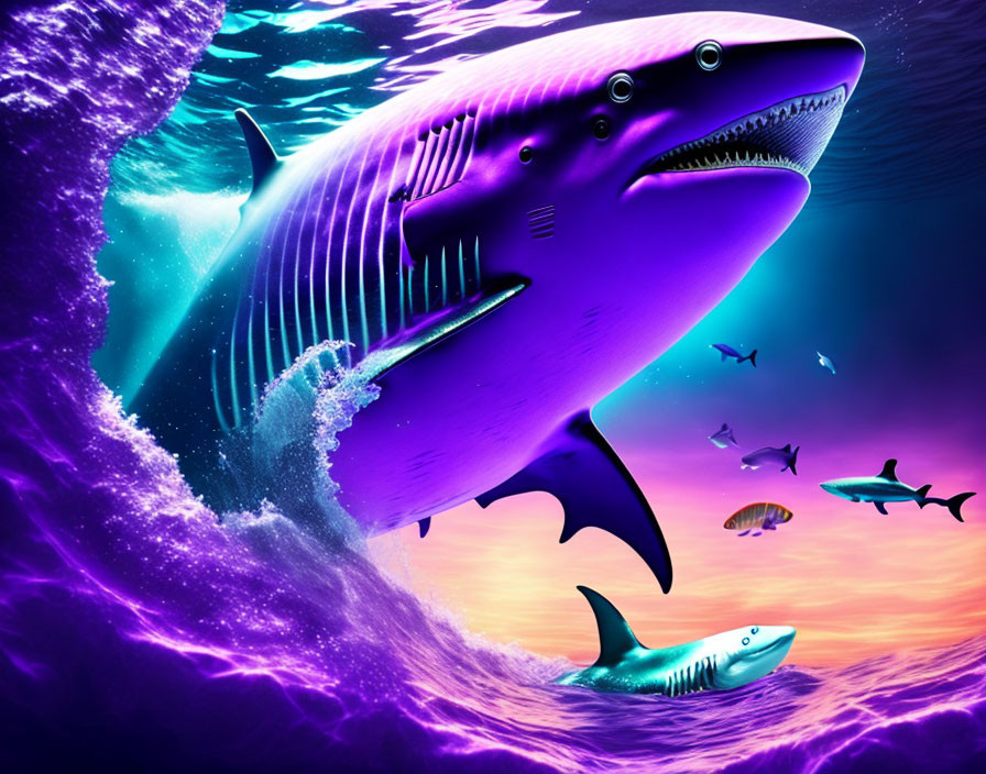 Colorful Art: Giant Shark & Smaller Sharks in Purple-Pink Ocean