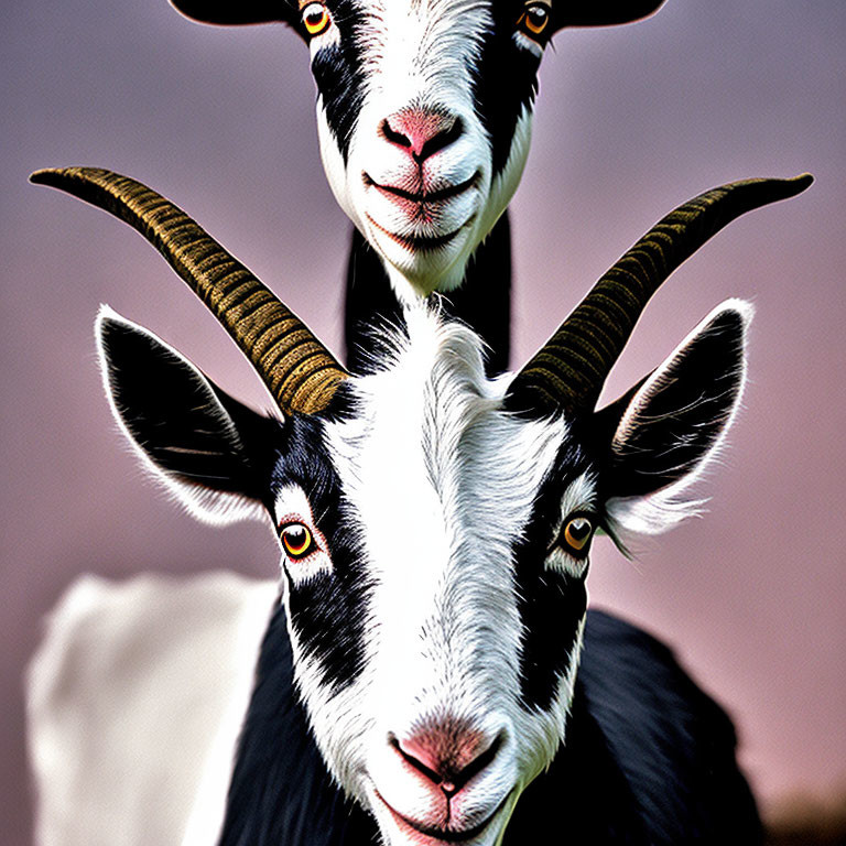 Black and white goats with prominent horns facing the camera in sharp focus