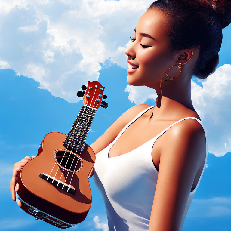 Woman smiling with ukulele under blue sky.