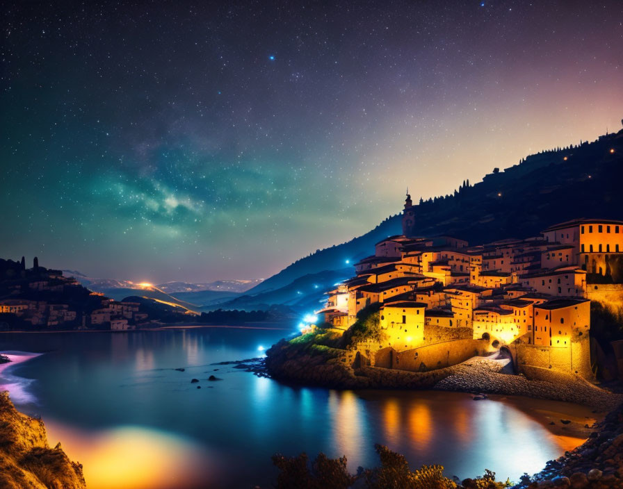 Historical village with illuminated buildings under starry night sky